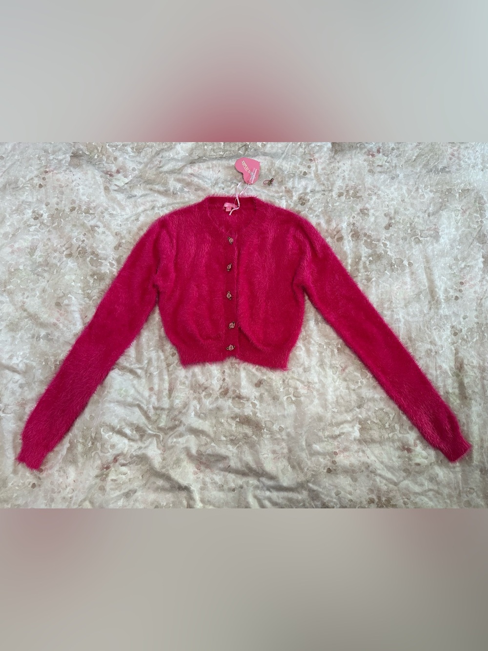 Sugar Thrillz Hot Pink Fuzzy Cropped Button-Front Cardigan